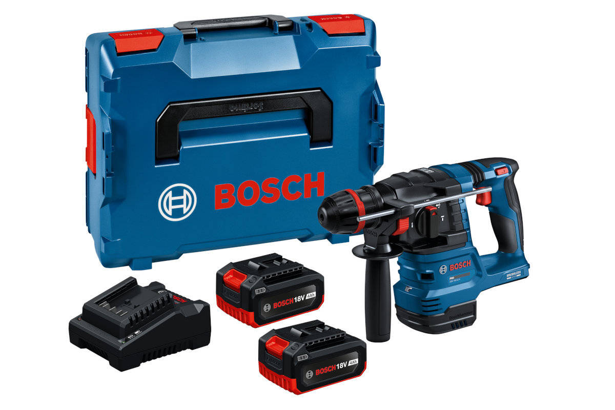 BOSCH GBH 18V-22 X ogranicznik głębokości, rękojeść, L-BOXX 136, wypełnienie do L-BOXX na GBH 18V-22 X, 2 akumulatory GBA 18V 4.0Ah, szybka ładowarka GAL 18V-40 Professional - Zawartość zestawu urządzenia.