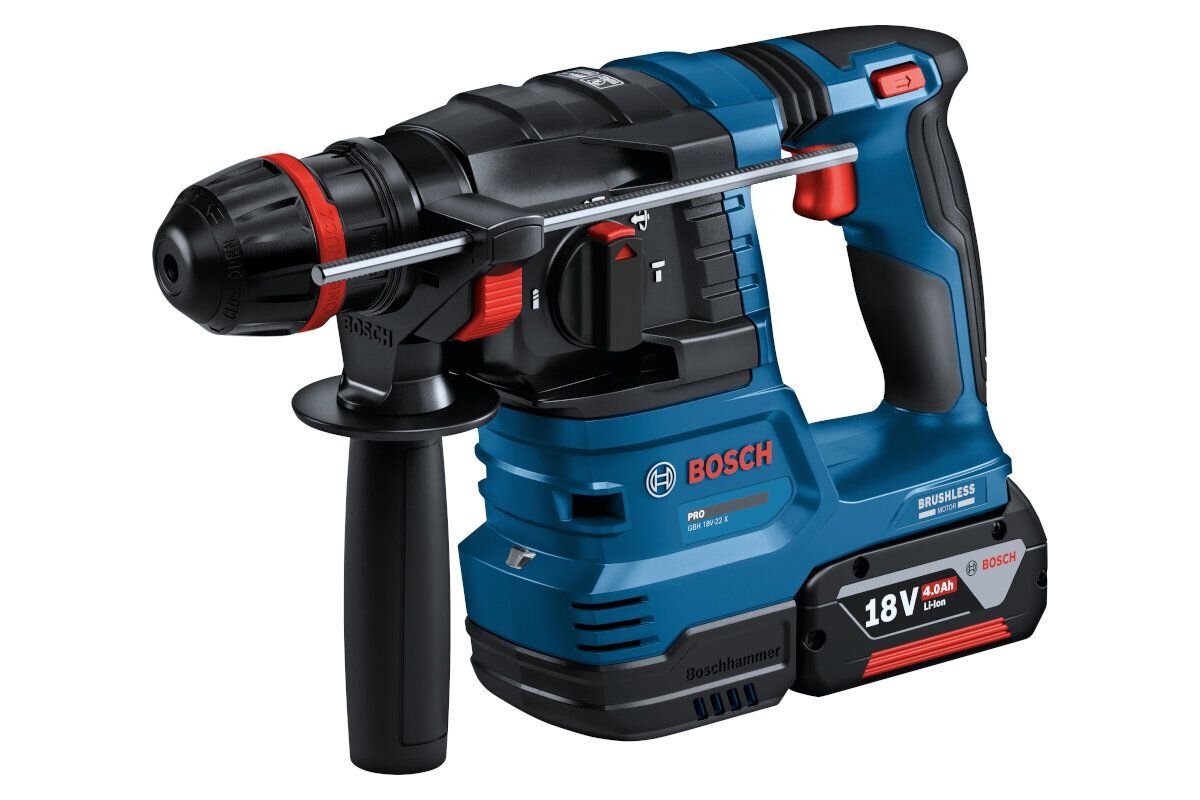 BOSCH GBH 18V-22 X bezszczotkowy silnik stałą moc młotami ze standardowym silnikiem - młot udarowo-obrotowegy na białym tle.