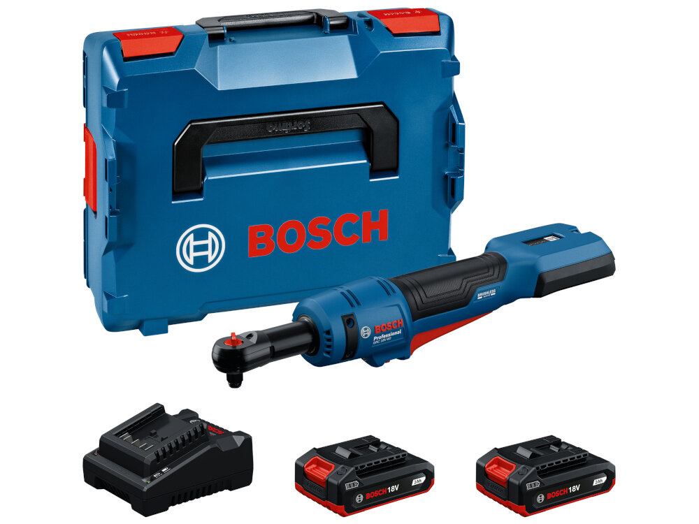 Klucz akumulatorowy grzechotka BOSCH GRC 18V-60 06019N8002 zestaw na białym tle w zestawie klucz dwa akumulatory ładowarka walizka dokumentacja