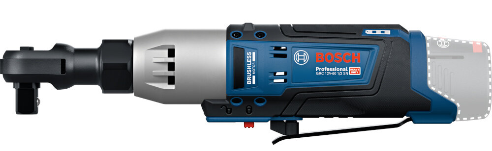 Klucz akumulatorowy grzechotka BOSCH Professional GRC 12V-60 3-8 SN 06019N8301 klucz na białym tle widoczny z boku włącznik z regulacją prędkości do 230 obr./min dopasować tempo pracy do rodzaju połączenia delikatny start ułatwia precyzyjne ustawienie śruby większa kontrola nad prędkością obrotową ogranicza ryzyko przekręcenia gwintu i uszkodzenia śrub precyzyjne rozpoczęcie wkręcania prosta obsługa