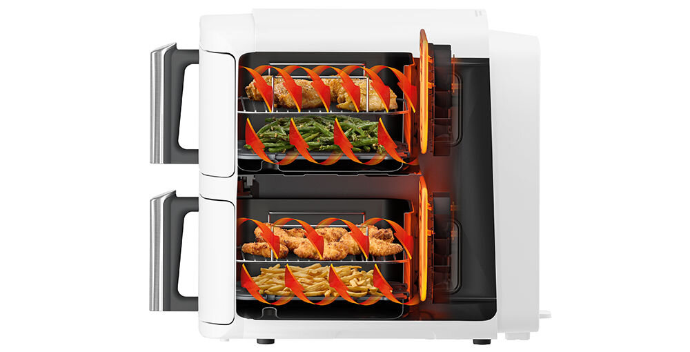 AIR FRYER NINJA NINJA SL400EUWH (DOUBLESTACK XL) (BIAŁY) przygotowanie potraw szybciej niz tradycyjny piekarnik bardziej efektywne gotowanie technologia grzewcza optymalna temperatura serwowanie ulubionych dań świeże zmaczne posiłki