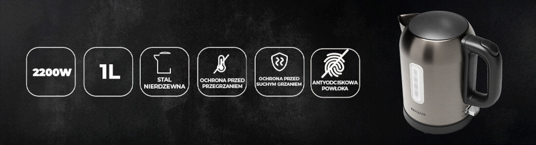 Czajnik AIWA Ryujin AKT-1000 Estetyka i funkcjonalność Matowa stal nierdzewna z powłoką antyodciskową Wskaźnik poziomu wody precyzyjne nalewanie miękkie otwieranie pokrywki zwijacz kabla i antypoślizgowe nóżki