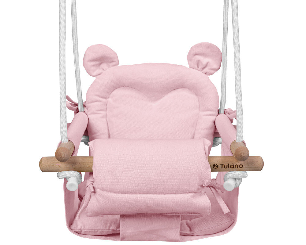 Huśtawka dla dzieci TULANO Hop 30 Różowy Bezpieczeństwo i komfort maksymalne obciążenie wiek zakres pas bezpieczeństwa chroni malucha dwie miękkie poduszki Solidne liny długość średnica dołączone karabińczyki