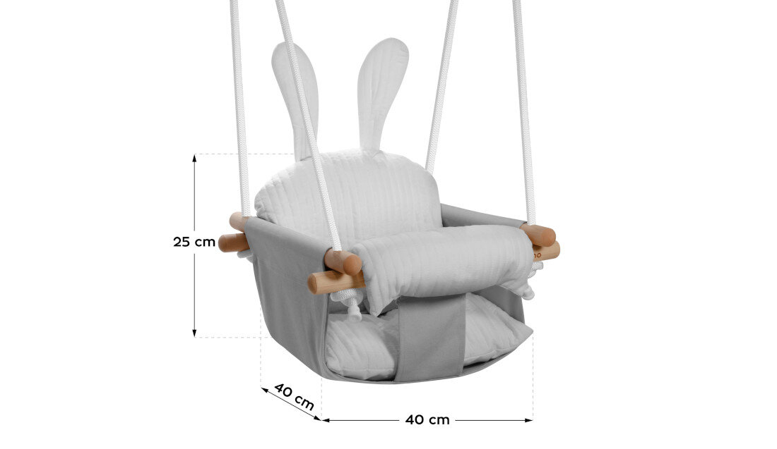 Huśtawka dla dzieci TULANO Hop 30 Szary Daje radość  już od 6 miesiąca życia bezpieczne miejsce do bujania, odpoczynku i rozwijania zmysłów połączenie miękkiego materiału i trwałych, naturalnych komponentów wymiary