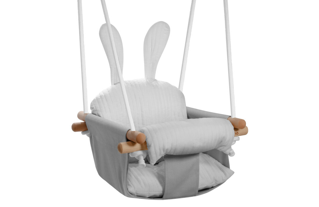 Huśtawka dla dzieci TULANO Hop 30 Szary wykonany z 100% bawełnianego płótna biała część mieszana faktura puszysty efekt Komfortowe bujanie