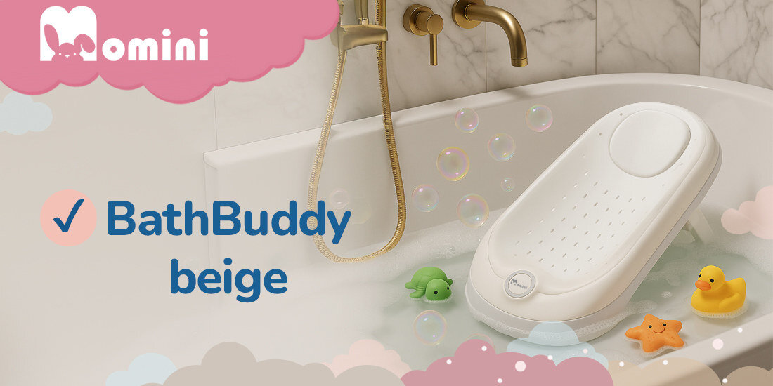 Składana podpórka do kąpieli dla niemowląt MOMINI BathBuddy Beige wygląd design tło prezentacja wizualizacja Spokojna kąpiel