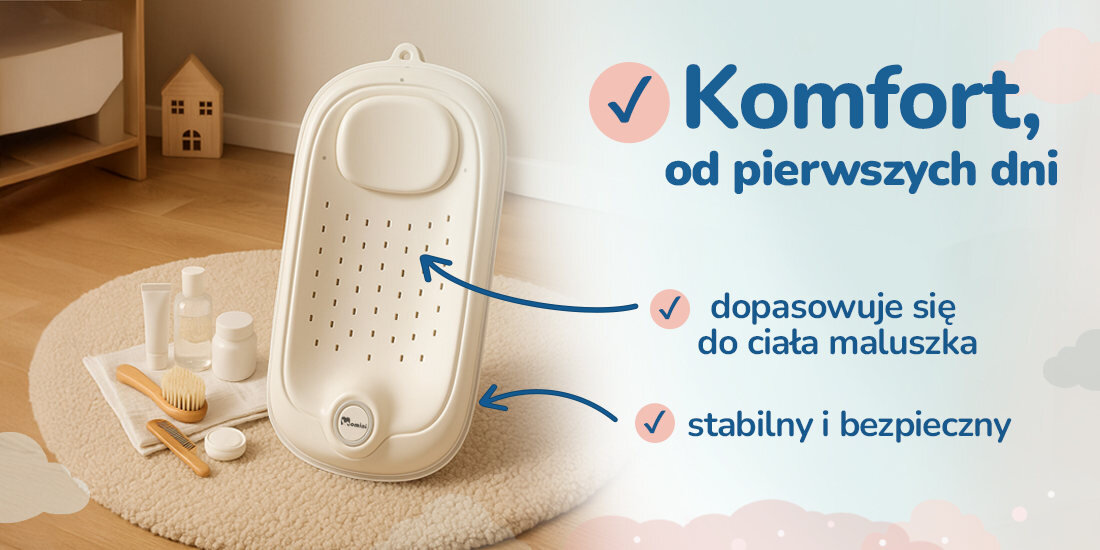 Składana podpórka do kąpieli dla niemowląt MOMINI BathBuddy Beige łagodnie otula ciało dziecka poczucie bezpieczeństwa Bez pośpiechu, bez napięcia