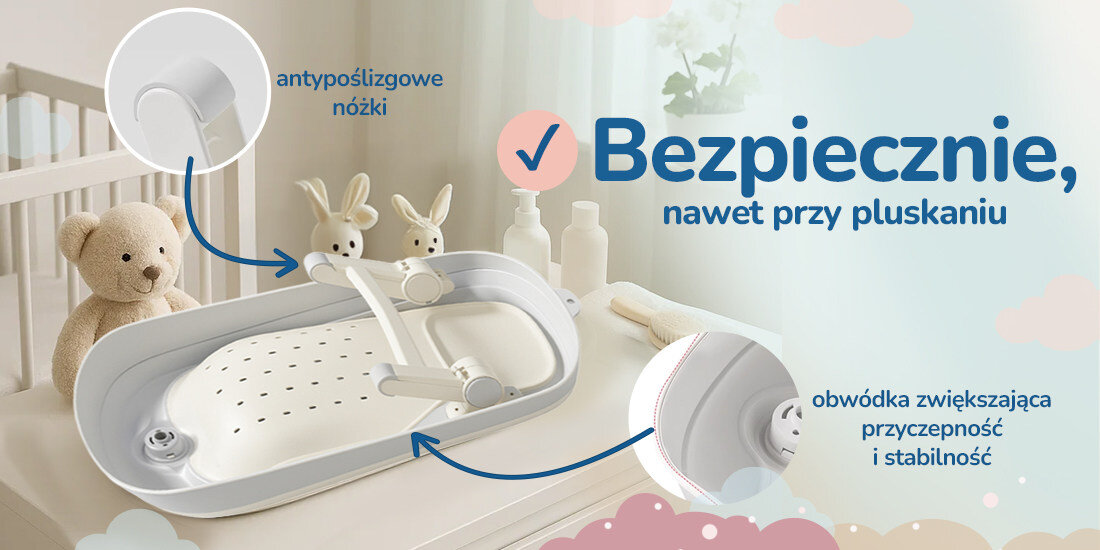 Składana podpórka do kąpieli dla niemowląt MOMINI BathBuddy Beige Bezpiecznie, nawet przy pluskaniu antypoślizgowe nóżki pielęgnacja z myślą o bezpieczeństwie kompromisy