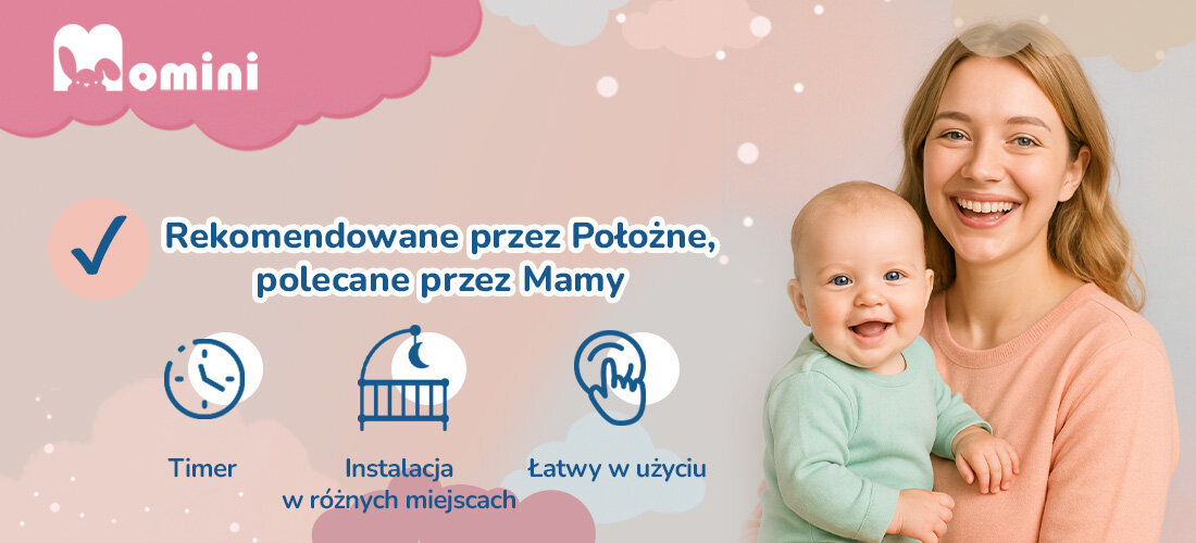 Bezprzewodowy szumiący uspokajacz dla dzieci MOMINI LullaGo Wygoda użytkowania i mobilność – zawsze gotowe do działania intuicyjne przyciski sterujące wskaźniki LED Wbudowany akumulator o pojemności 2000mAh