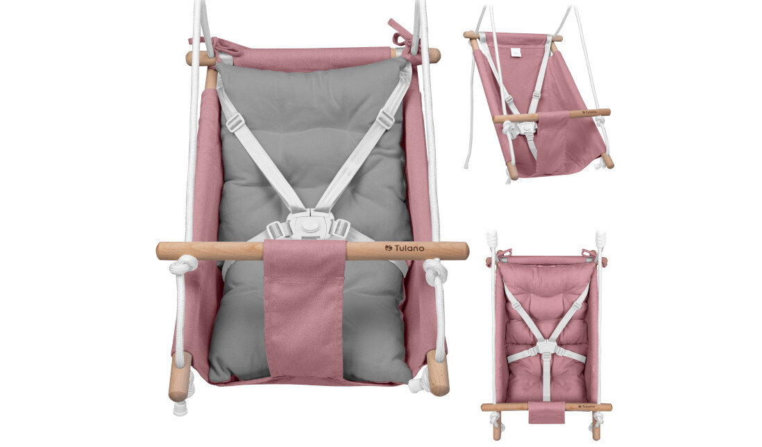 Huśtawka dla dzieci TULANO Tn-Hop 40 Różowo-szary Do relaksu i zabawy bezpieczny, wygodny i funkcjonalny bujaczek-leżaczek wiek przeznaczenie zakres możliwości relaks zabawa drzemka regulacja pozycji