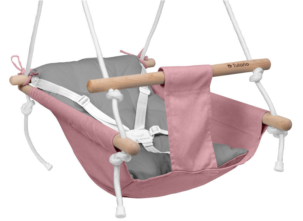 Huśtawka dla dzieci TULANO Tn-Hop 40 Różowo-szary Przyjazne materiały  z wysokiej jakości 100% płótna bawełnianego oddychalność i komfort na bukowej ramie estetyczna i ekologiczna bezpieczeństwo i łatwą regulację pozycji