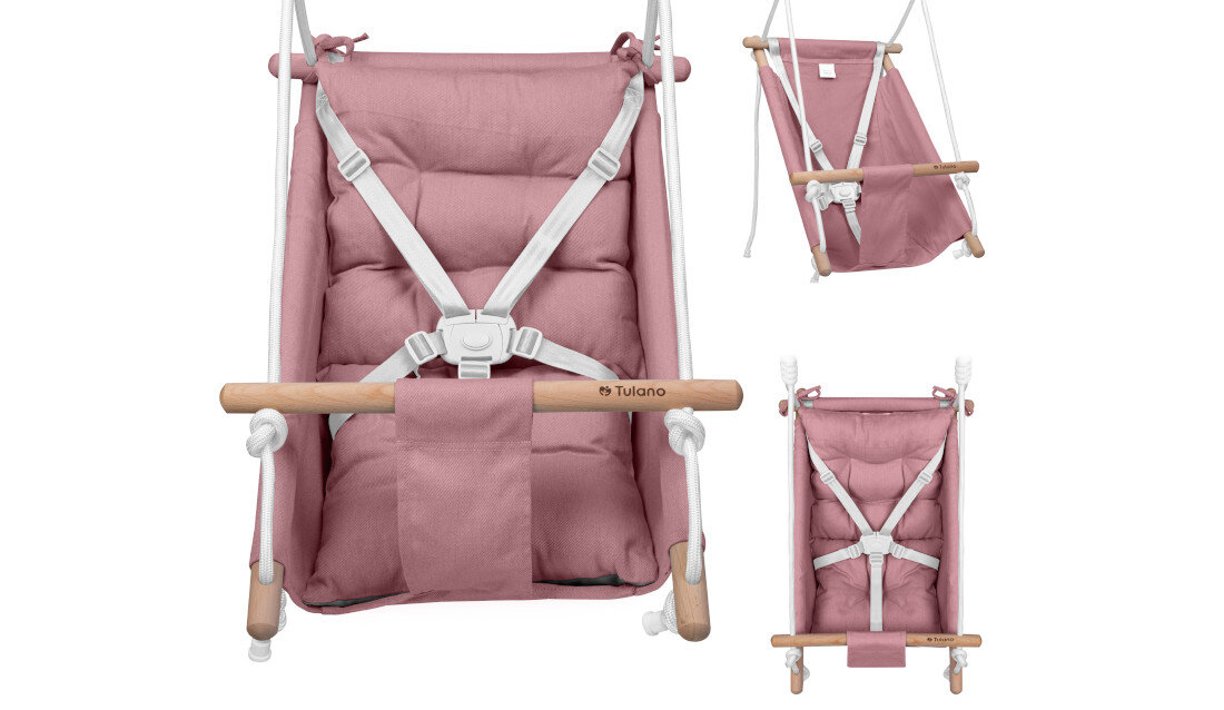 Huśtawka dla dzieci TULANO Tn-Hop 40 Różowo-szary Regulowana pozycja przemyślany system zawieszania regulacja kąta nachyklenia ustawić długość lin dostosowanie wiek praktyczne rozwiązanie potrzeby energia zabawa