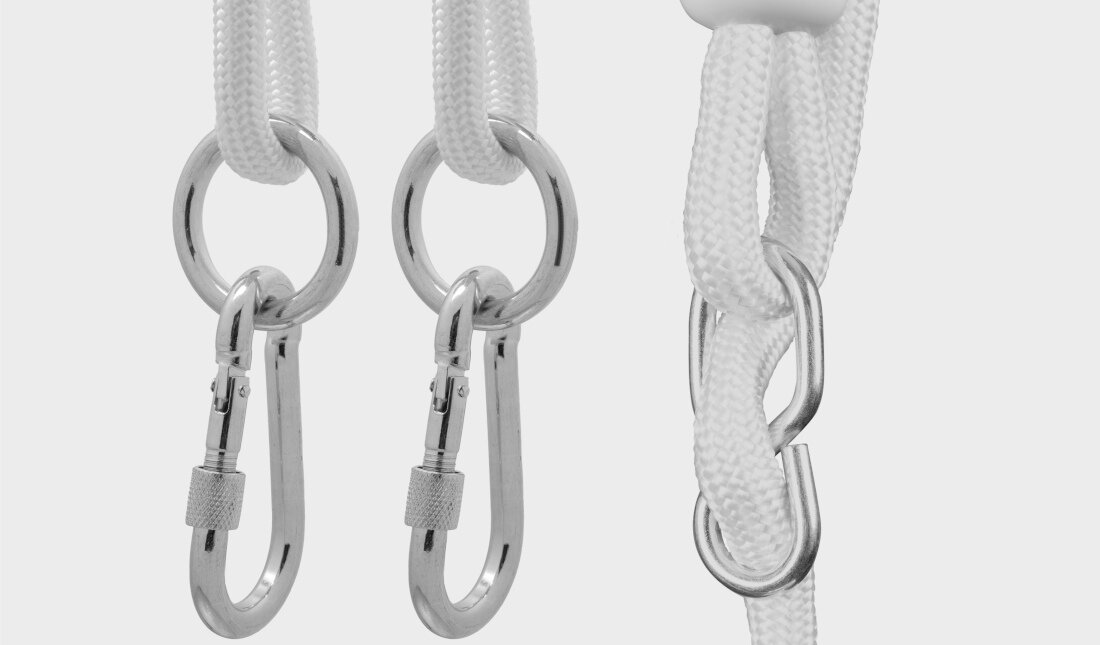 Huśtawka dla dzieci TULANO Tn-Hop 40 Różowo-szary Gotowy do użycia wstępnie zmontowany wyregulować długość lin zamocować huśtawkę 2 karabińczyki szybkie zawieszenie