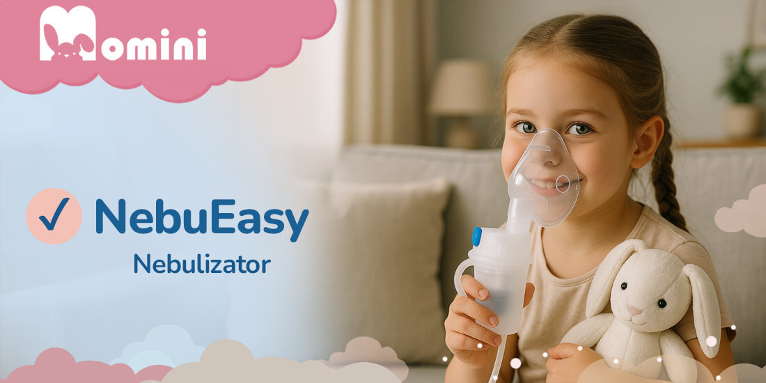 Inhalator nebulizator MOMINI Nebueasy wygląd design tło prezentacja wizualizacja do terapii domowej