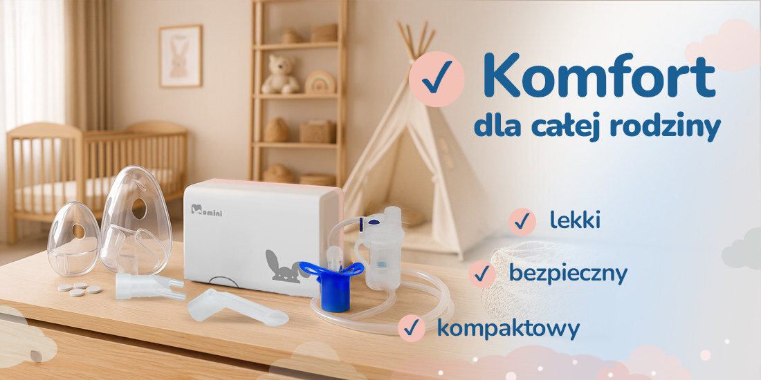 Inhalator nebulizator MOMINI Nebueasy Pomoc, która naprawdę działa duszności, kaszel lub zatkany nos precyzyjnie podaje lek ultradrobna mgiełka Wydajność ≥ 0,25 ml/min