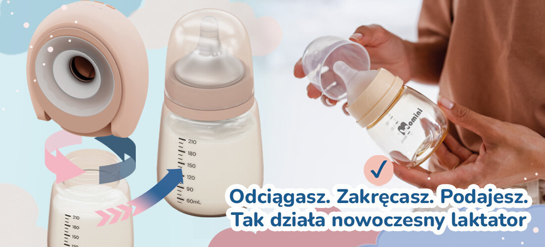 Bezprzewodowy laktator MOMINI SippyPump 4-fazowy Podwójny każda mama zasługuje na pomoc przemyślana konstrukcja mleko spływa bezpośrednio do podpiętej butelki