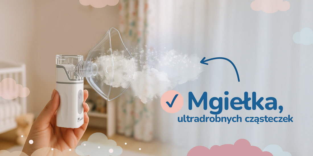 Inhalator nebulizator MOMINI Nebunova Mgiełka, która działa nebulizację antybiotyków, sterydów, soli fizjologicznej leków stosowanych w leczeniu układu oddechowego certyfikowany wyrób medyczny