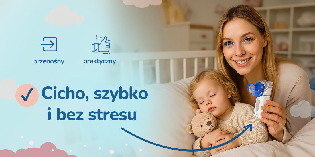 Inhalator nebulizator MOMINI Nebunova Cicha terapia bez stresu poziom hałasu jeden przycisk ułatwienie