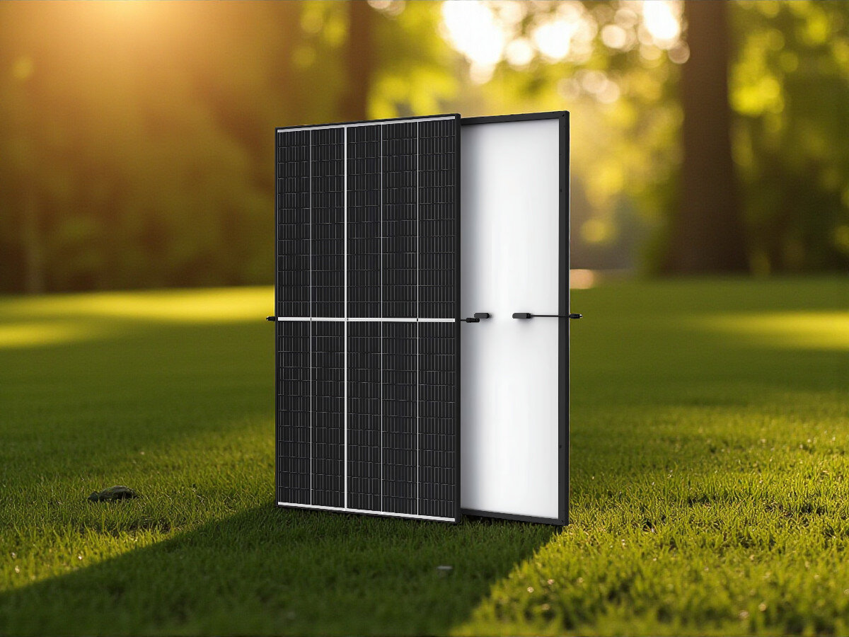 Panel fotowoltaiczny TRINA SOLAR TSM-DE09.08 400W, słońce, energia, moc, zasilanie, Panel fotowoltaiczny TRINA SOLAR TSM-DE09.08 400W na trawie, prezentacja produktu w naturalnym otoczeniu, widok bokiem.