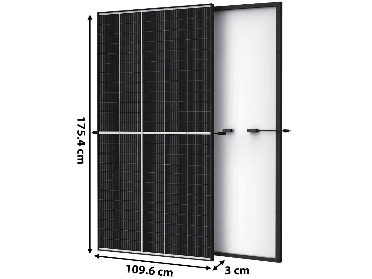 Panel fotowoltaiczny TRINA SOLAR TSM-DE09.08 400W, trwałość, bezpieczeństwo, solidność, odporność, Panel fotowoltaiczny TRINA SOLAR TSM-DE09.08, dokładne wymiary 175,4 x 109,6 x 3 cm, pokaz widoku z przodu i tyłu.