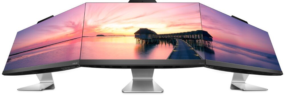 Komputer ASUS E3402WVAK-WPC043X Komputer AiO ASUS ustawiony na białym tle z klawiaturą i myszą, ekran pokazuje kolorowe bańki i logo marki, konstrukcja, wielkość, zestaw, mysz, klawiatura