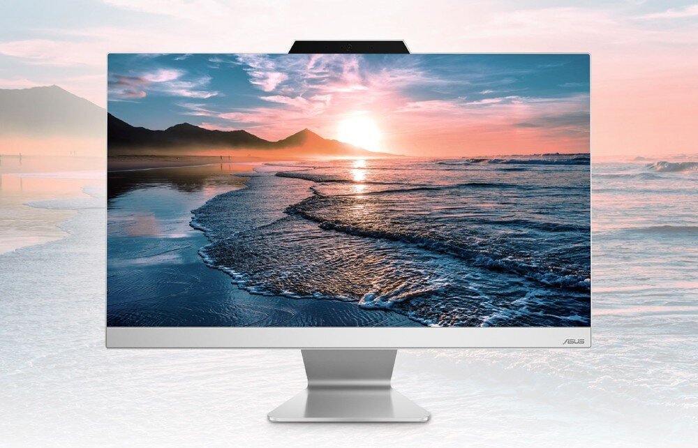Komputer ASUS E3402WVAK-WPC043X Komputer AiO ASUS z ekranem przedstawiającym plażę i morze o zachodzie słońca, na tle dopasowanej scenerii, wyświetlacz, przekątna, rozdzielczość, kąty widzenia, kolory