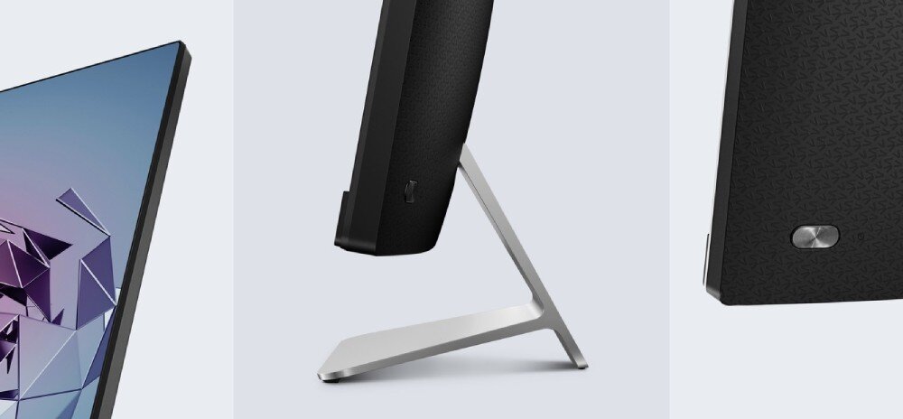 Komputer ASUS E3402WVAK-WPC043X Trzy fragmenty widoku komputera AiO ASUS: krawędź ekranu z grafiką, profil boczny obudowy oraz tył z wzorem i przyciskiem zasilania, obudowa, wygląd, podstawka, regulacja