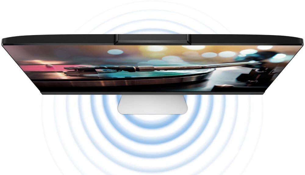 Komputer ASUS E3402WVAK-WPC043X Widok komputera AiO ASUS z góry z ekranem pokazującym gramofon, otoczony graficznymi falami dźwięku, dźwięk, audio, głośniki
