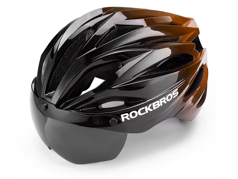 Kask rowerowy ROCKBROS 8386824304077 Czarno-brązowy Szosowy (rozmiar 58-62), okulary, uv, komfort, ochrona, Czarno-brązowy kask rowerowy z ciemną osłoną na białym tle.