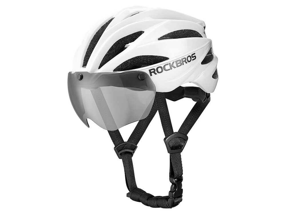 Kask rowerowy ROCKBROS 8386824304060 Biały Szosowy (rozmiar 58-62), wentylacja, przepływ, chłodzenie, komfort, Biały kask z ciemną szybką pokazany z boku.