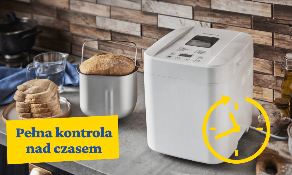 Wypiekacz do chleba RUSSELL HOBBS 27260-56 Pełna kontrola nad czasem 13-godzinnemu timerowi z funkcją opóźnionego startu plan zapamiętuje tryb pracy automatycznie wznowi proces