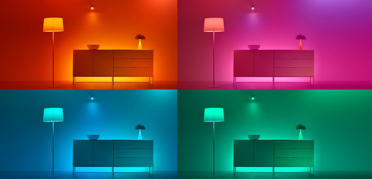 Lampa WIZ Bar 929004732301 Wi-Fi , Co w zestawie?, 2 lampy włączone emitujące kolory, w żółtym tle