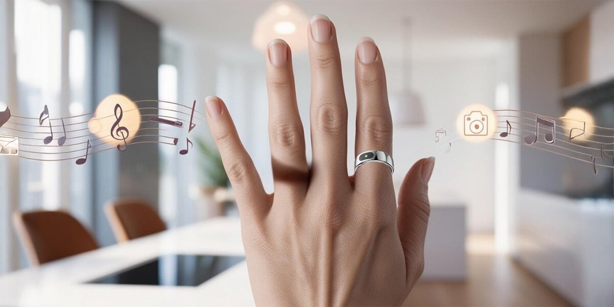 Smartring IMIKI Ring na palcu kobiety, sterowanie gesty aparat muzyka  