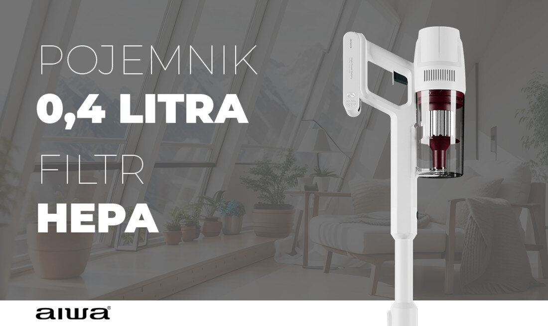Obraz przedstawia biały odkurzacz pionowy z przezroczystym pojemnikiem na kurz. Na obrazie widnieje tekst: \'POJEMNIK 0,4 LITRA FILTR HEPA\' oraz logo \'aiwa\'.