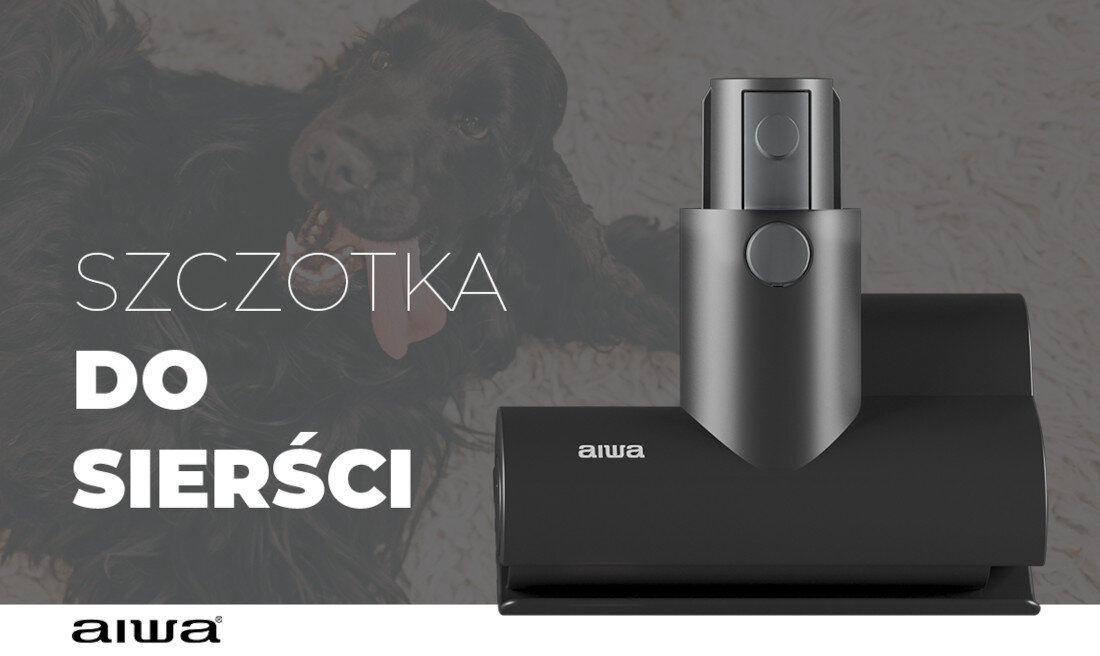 Na obrazie widoczna jest szczotka do sierści z logo \'aiwa\' na ciemnym tle. W tle znajduje się pies, a na obrazie widnieje tekst: \'SZCZOTKA DO SIERŚCI\'.