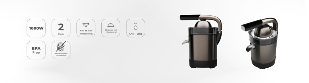 Wyciskarka do cytrusów AIWA Koryu 1000 regulowany filtr ze stali nierdzewnej, kontrola nad ilością miązszu, wyjmowana misa, funkcja antykapania