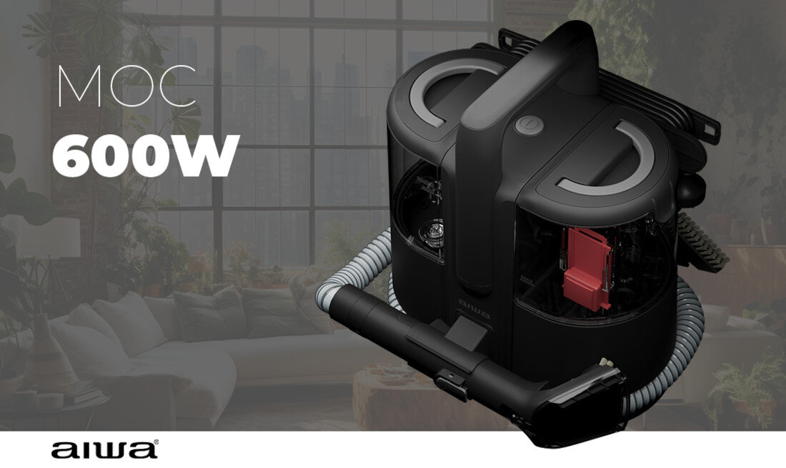 Obraz przedstawia czarny odkurzacz piorący z widocznym wężem i uchwytem. Na obrazie znajduje się tekst: \'MOC 600W\' oraz logo \'aiwa\'.