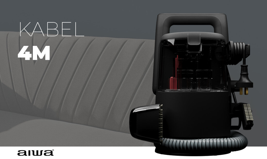 Na obrazie widoczny jest czarny odkurzacz piorący z uchwytem, umieszczony na tle szarej kanapy. Na obrazie znajduje się tekst: \'KABEL 4M\' oraz logo \'aiwa\'.