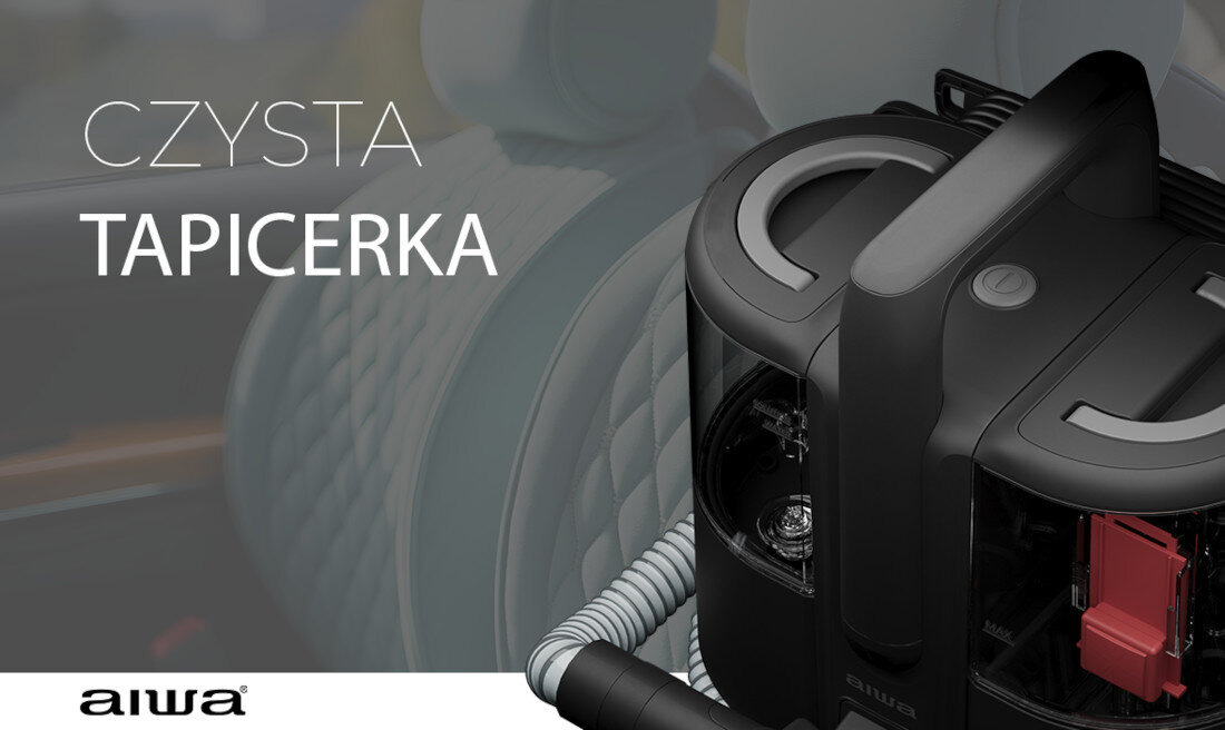 Obraz przedstawia odkurzacz piorący z widocznym wężem i uchwytem, umieszczony na tle tapicerki samochodowej. Na obrazie znajduje się tekst: \'CZYSTA TAPICERKA\' oraz logo \'aiwa\'.