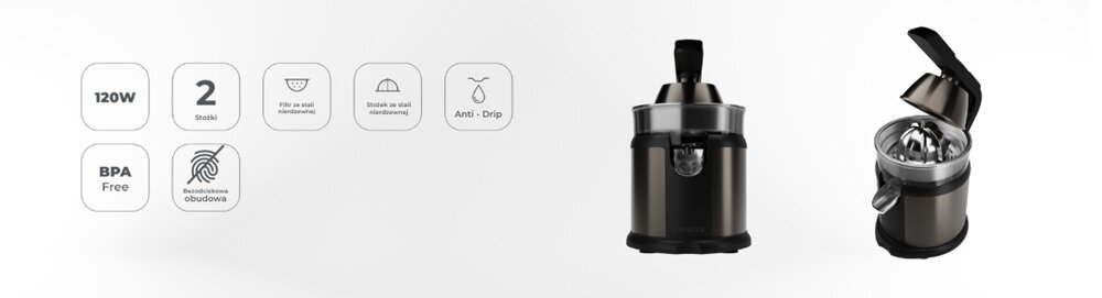 Wyciskarka do cytrusów AIWA Koryu obudowa, stożek, filtr, pokrywa, stal nierdzewna, odporność na uszkodzenia