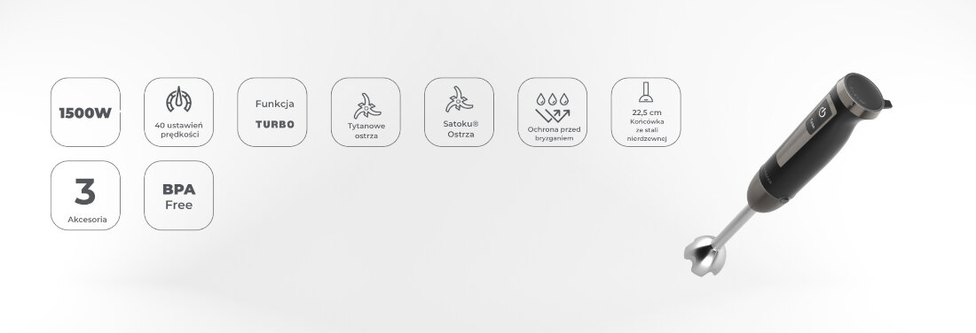 Blender AIWA 3w1 Kenkiri ABL-1500 Plus Potężna moc twarde składniki funkcja turbo 40-stopniowa regulacja prędkości kontrola konsystencja konstrukcja ładkie sosy, kremy, smoothie orzechy czy zioła