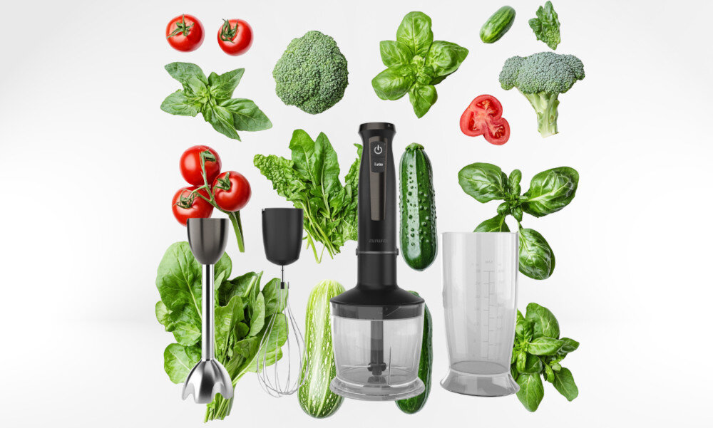 Blender AIWA 3w1 Kenkiri ABL-1500 Plus Komfort użytkowania i ergonomia  ergonomiczny uchwyt z powłoką soft touch komfort pracy Stopa miksująca ze stali nierdzewnej długość wygoda komfort precyzja z materiałów wolnych od BPA bezpieczeństwo użytkowania