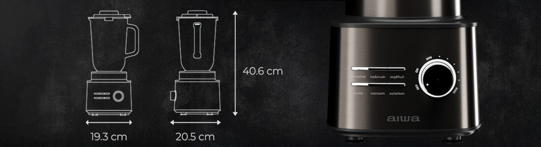 Blender kielichowy AIWA ATB-2500 Trwałość i bezpieczeństwo ze stali nierdzewnej i tworzywa bez BPA Zabezpieczenie termiczne blokada bezpieczeństwa  ochrona Podstawa antypoślizgowa system zwijania przewodu  porządek