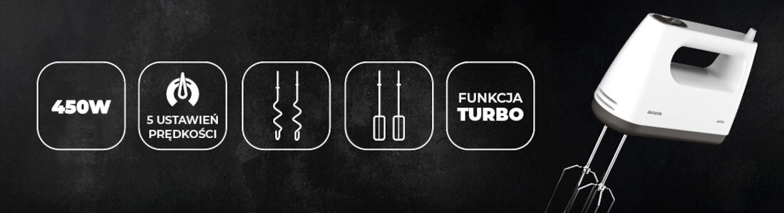 Mikser AIWA Tesaberu AHX-600 Moc, która ułatwia pracę silnik moc ubijanie mieszanie wyrabianie Funkcja Turbo 5 poziomów prędkości od delikatnych mas po gęste ciasta drożdżowe System zatrzaskowy spust długość przewodu swoboda