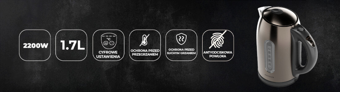 Czajnik AIWA AKT-3000D Woda zawsze gotowa do użycia Funkcja podtrzymywania temperatury Automatyczne wyłączenie po zagotowaniu wygoda komfort bezpieczeństwo użytkowania