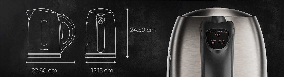 Czajnik AIWA AKT-3000D Wygoda i funkcje dla codzienności pojemność ilość napój wskaźnik poziomu wody miękkie otwieranie pokrywki filtr ze stali nierdzewnej obrotowa podstawa 360°