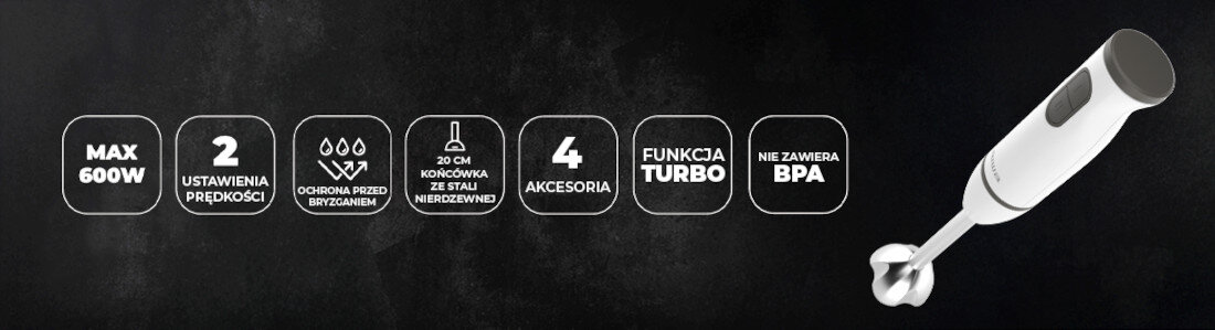 Blender AIWA Kenkiri ABL-800 Plus Płynna kontrola nad pracą Dwa poziomy prędkości funkcja Turbo łatwo dopasować moc do konsystencji składników Ergonomiczna rączka z antypoślizgowym wykończeniem intuicyjny system sterowania przyciskami 