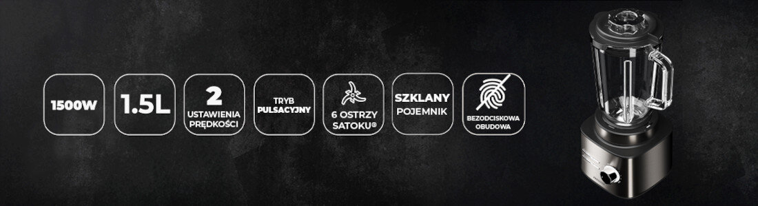 Blender kielichowy AIWA ATB-1500 na Twoich zasadach Dwa poziomy prędkości tryb pulsacyjny funkcja kruszenia lodu kontrola konsystencja potrawy Sześć ostrzy Satoku® z trwałej stali wartości odżywcze