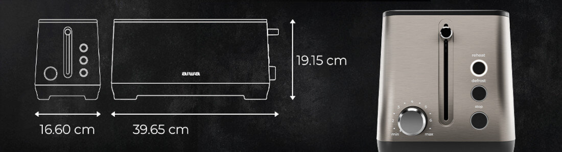 Toster AIWA Kofotatsu Stalowy styl Podświetlane przyciski LED solidna stalowa dźwignia  czarne detale stylowy wygląd