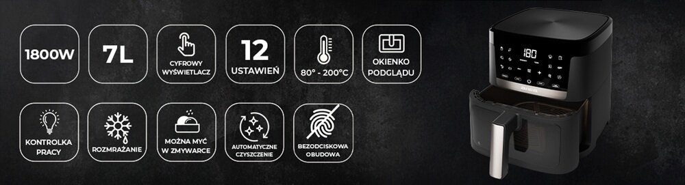 Air Fryer Frytkownica beztłuszczowa AIWA AFR-7000 Chukuma Czarny szybkie nagrzewanie, równomierne działanie, szeroki zakres temperatur, pełna kontrola